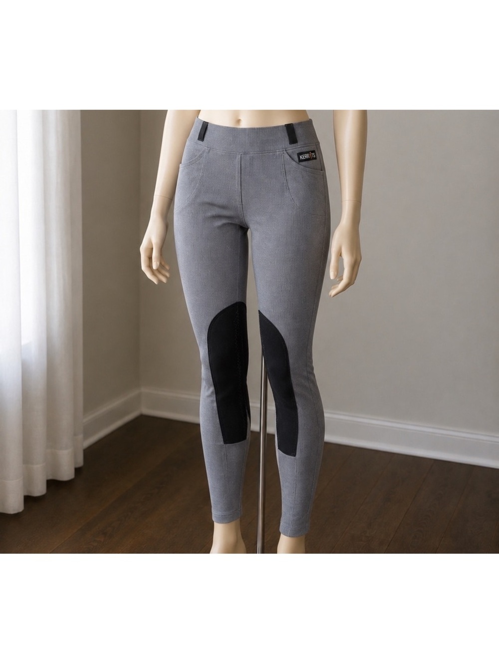 Kerrits Women XL Riding Breeches Gray Black Knee Patch Supplex Lycra Made USA